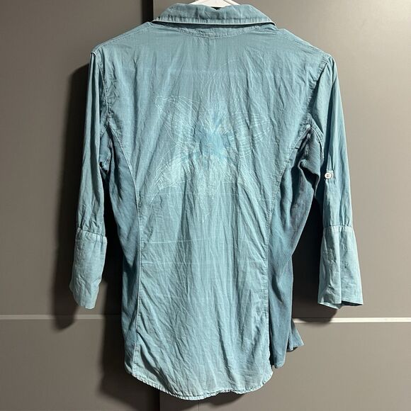 Standard James Perse Contrast Panel Rolled Sleeves V-Neck Button Shirt Blue 2 - Picture 5 of 9